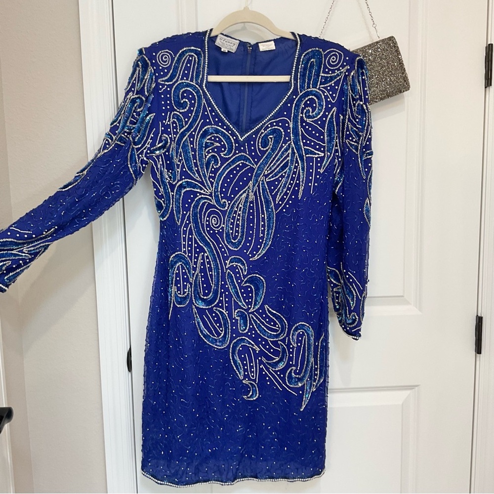 Vintage Stenay Beaded Silk Dress Blue Size 10